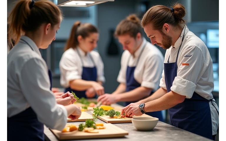 Chef étoilé Michelin donnant un cours de cuisine privé dans une cuisine professionnelle moderne à un petit groupe, élégamment éclairé