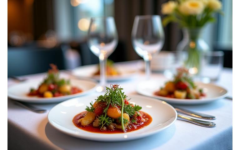Assortiment de plats gastronomiques élégamment présentés sur une table de restaurant de luxe, avec des couverts scintillants et une ambiance raffinée