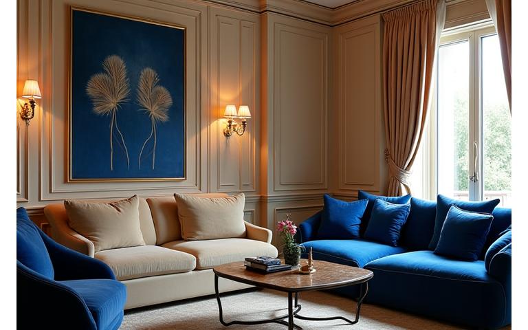 Intérieur luxueux d'un château boutique-hôtel, avec des détails élégants et une atmosphère chaleureuse