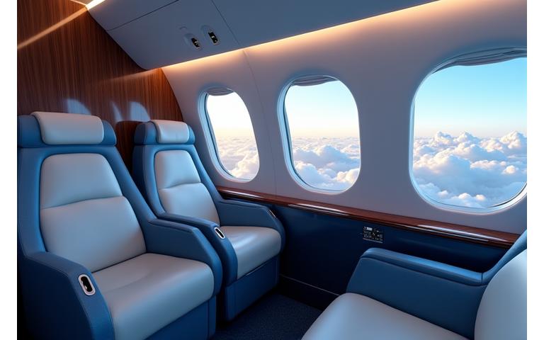 Intérieur d'un jet privé luxueux avec des sièges en cuir, un éclairage doux, et une vue sur les nuages, symbolisant le confort de voyage de première classe