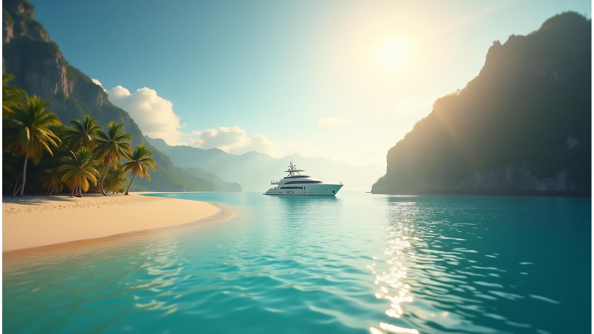 Vue aérienne d'une plage tropicale immaculée avec un yacht de luxe amarré au loin, symbolisant l'évasion et le rêve