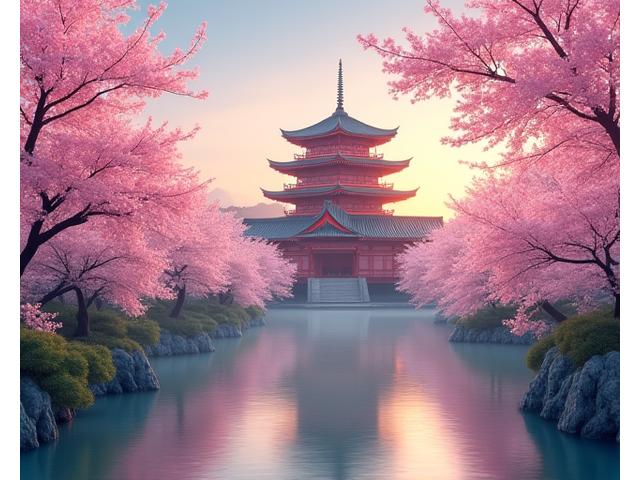 Temple japonais traditionnel avec des cerisiers en fleurs et une pagode, symbolisant la sérénité et l'authenticité