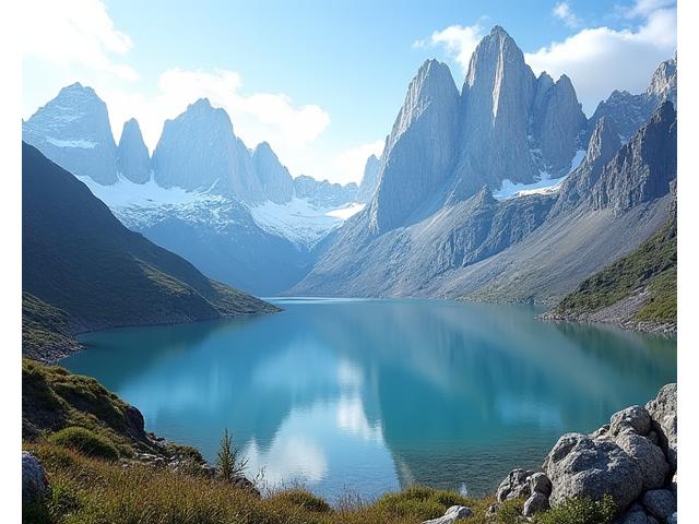 Paysage épique de Patagonie avec des montagnes enneigées, des glaciers bleus et un lac limpide